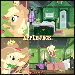 Size: 1080x1080 | Tagged: safe, edit, edited screencap, editor:flutteriaeth, imported from derpibooru, screencap, applejack, earth pony, pony, equestria girls, equestria girls series, five to nine, over a barrel, season 1, applejack's bedroom, applejack's bedroom (equestria girls), applejack's hat, bedroom, broom, cowboy hat, cute, eyes closed, female, geode of super strength, guitar, hat, jackabetes, jewelry, magical geodes, mare, musical instrument, necklace, one eye closed, open mouth, smiling, solo, sweet apple acres