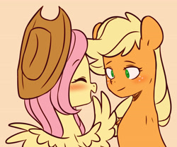 Size: 3648x3030 | Tagged: safe, artist:chub-wub, imported from derpibooru, applejack, fluttershy, earth pony, pegasus, pony, accessory theft, applejack's hat, appleshy, blushing, cowboy hat, cute, eyes closed, female, freckles, hat, high res, jackabetes, lesbian, mare, open mouth, shipping, shyabetes