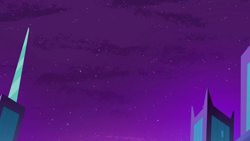 Size: 1280x720 | Tagged: safe, imported from derpibooru, screencap, power ponies (episode), season 4, background, building, maretropolis, night, no pony, scenic ponyville, sky