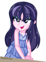 Size: 1448x1978 | Tagged: safe, artist:skyfallfrost, imported from derpibooru, oc, oc only, equestria girls, clothes, dress, eyebrows, eyebrows visible through hair, female, lidded eyes, open mouth, open smile, simple background, smiling, solo, transparent background