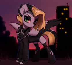Size: 2848x2568 | Tagged: safe, artist:vensual99, imported from derpibooru, oc, oc only, oc:tlen borowski, pegasus, pony, black eyeshadow, building, city, clothes, collar, collar ring, ear piercing, earring, eyeshadow, female, green eyes, high res, jacket, jewelry, leather jacket, makeup, mare, piercing, ripped stockings, socks, solo, spread wings, stockings, thigh highs, torn clothes, twilight (astronomy), two toned wings, wings