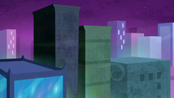 Size: 1280x720 | Tagged: safe, imported from derpibooru, screencap, power ponies (episode), season 4, background, building, maretropolis, night, no pony, scenic ponyville, town