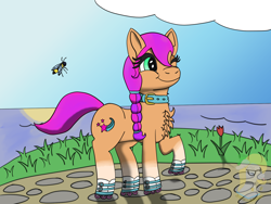 Size: 1600x1200 | Tagged: safe, artist:gray star, derpibooru exclusive, imported from derpibooru, sunny starscout, bee, insect, collar, g5, roller skates, smiling