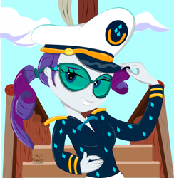 Size: 1631x1670 | Tagged: safe, artist:dashdeviant, imported from derpibooru, rarity, equestria girls, ppov, alternate hairstyle, bowtie, cap, captain rarity, equestria girls interpretation, hat, hat tip, looking at you, ponytail, scene interpretation, smiling, smiling at you, sunglasses