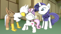 Size: 1280x720 | Tagged: safe, artist:gameact3, imported from derpibooru, rarity, sweetie belle, oc, oc:silver quill, hippogriff, pony, unicorn, 3d, cute, daaaaaaaaaaaw, eyes closed, female, filly, hippogriff oc, hnnng, nuzzling, sweetie belle's cutie mark