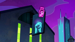 Size: 1280x720 | Tagged: safe, imported from derpibooru, screencap, power ponies (episode), season 4, background, building, maretropolis, neon, neon sign, night, no pony, scenic ponyville, town