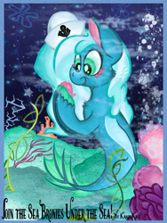 Size: 960x1280 | Tagged: safe, artist:krazykari, imported from derpibooru, oc, oc only, oc:sea sailor, merpony, pegasus, seapony (g4), blue, bubble, cloven hooves, coral, female, fin wings, fins, fish tail, flowing tail, green eyes, hat, mare, ocean, pegasus oc, race swap, reference, sailor, sailor hat, seashell, seaweed, smiling, solo, tail, the little mermaid, under the sea, underwater, unshorn fetlocks, water, wings