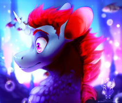 Size: 1280x1086 | Tagged: safe, artist:omve, edit, imported from derpibooru, oc, oc only, fish, pony, unicorn, bubble, eyes open, horn, logo, logo edit, ocean, purple eyes, red mane, smiling, solo, swimming, underwater, water