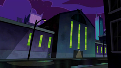Size: 1280x720 | Tagged: safe, imported from derpibooru, screencap, power ponies (episode), season 4, background, building, factory, lamppost, maretropolis, night, no pony, puddle, scenic ponyville, town