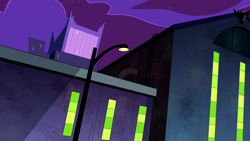 Size: 1280x720 | Tagged: safe, imported from derpibooru, screencap, power ponies (episode), background, lamppost, maretropolis, night, no pony, scenic ponyville