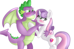 Size: 1920x1280 | Tagged: safe, artist:jbond, imported from derpibooru, spike, sweetie belle, dragon, pony, unicorn, blushing, duo, female, gigachad spike, male, mare, older, older spike, older sweetie belle, shipping, simple background, smiling, spikebelle, straight, white background, winged spike, wings