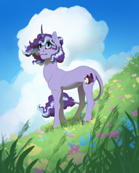 Size: 1600x2000 | Tagged: safe, artist:joan-grace, imported from derpibooru, oc, oc only, oc:credence, pony, unicorn, cloud, female, flower, mare, scenery, sky, solo