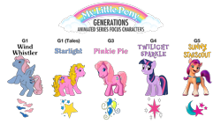 Size: 7680x4320 | Tagged: safe, alternate version, artist:politicsponi, imported from derpibooru, pinkie pie (g3), starlight (g1), sunny starscout, twilight sparkle, wind whistler, earth pony, pegasus, pony, unicorn, my little pony tales, 8k, absurd resolution, cutie mark, female, g1, g3, g4, g5, my little pony logo, simple background, smiling, transparent background, unicorn twilight