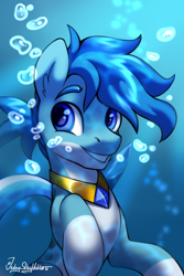 Size: 2000x3000 | Tagged: safe, artist:jedayskayvoker, imported from derpibooru, oc, oc only, oc:aqua sapphire, seapony (g4), bubble, bust, colored, colored sketch, crystal, full color, high res, icon, jewelry, male, necklace, portrait, raised tail, sketch, smiling, solo, stallion, tail, underwater