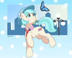Size: 756x605 | Tagged: safe, artist:vinilyart, imported from derpibooru, coco pommel, butterfly, earth pony, pony, cocobetes, cute, female, hat, mare, solo, streetlight