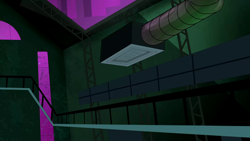 Size: 1280x720 | Tagged: safe, imported from derpibooru, screencap, power ponies (episode), season 4, background, factory, liminal space, maretropolis, night, no pony, scenic ponyville, vent, warehouse