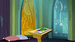 Size: 1280x720 | Tagged: safe, imported from derpibooru, screencap, mane-iac, power ponies (episode), season 4, background, castle of the royal pony sisters, comic book, liminal space, no pony, pedestral, pillow, power ponies, scenic ponyville, stained glass