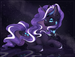 Size: 1920x1465 | Tagged: safe, artist:pvrii, imported from derpibooru, nightmare rarity, pony, unicorn, ear piercing, earring, female, jewelry, looking at you, lying down, mare, necklace, piercing, prone, solo, space