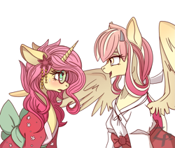 Size: 1207x1024 | Tagged: safe, artist:appletaffy, artist:zombies-pudding, artist:zombiespudding, imported from derpibooru, oc, oc only, oc:ammy lee, oc:sakura, pegasus, pony, unicorn, blushing, clothes, glasses, hair accessory, horns, kimono (clothing), miko, open mouth, shirt, simple background, sweat, sweatdrop, white background