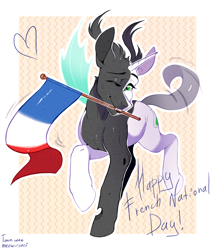 Size: 1400x1621 | Tagged: safe, artist:meowcephei, imported from derpibooru, oc, oc:tounicoon, changeling, hybrid, pony, changeling oc, commission, flag, french, postcard, solo