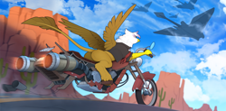 Size: 2530x1246 | Tagged: safe, artist:yakovlev-vad, imported from derpibooru, oc, oc only, griffon, butt, cactus, chase, clothes, cloud, desert, futuristic, griffon oc, hoverbike, jacket, lacrimal caruncle, not gilda, patreon, patreon reward, plot, sky, solo, spread wings, stingray, wings