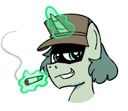 Size: 757x657 | Tagged: safe, artist:ore, imported from derpibooru, oc, oc only, oc:garcello, pony, unicorn, cigarette, clothes, crossover, friday night funkin', grin, hat, magic, magic aura, male, ponified, smiling, smoke, smoking, solo