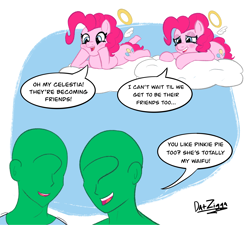 Size: 4098x3689 | Tagged: safe, artist:datzigga, imported from derpibooru, pinkie pie, oc, oc:anon, earth pony, human, pony, angel, cloud, dialogue, halo, self ponidox, speech bubble