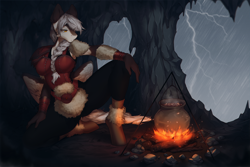 Size: 4192x2808 | Tagged: safe, artist:mashiro, artist:sssinohu, imported from derpibooru, oc, oc only, oc:taka, anthro, pegasus, unguligrade anthro, armor, belt, bracer, braid, breasts, campfire, cauldron, cave, clothes, fire, fur, leather, lightning, pants, pauldron, rain, solo, storm