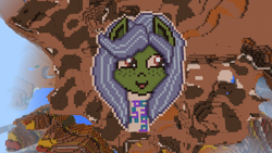 Size: 960x540 | Tagged: safe, artist:umbrapone, imported from derpibooru, oc, pony, aerial view, blocks, blue mane, desert, green coat, happy, laughing, mesa, minecraft, pixel art, smiling, voxel art