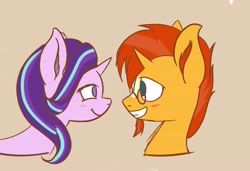 Size: 3727x2556 | Tagged: safe, artist:simplesample, artist:simplesample_, imported from derpibooru, starlight glimmer, sunburst, pony, unicorn, blushing, bust, cute, female, glimmerbetes, grin, high res, looking at each other, male, mare, portrait, shipping, simple background, smiling, smiling at each other, stallion, starburst, straight, sunbetes