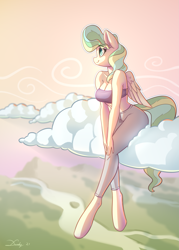 Size: 1595x2232 | Tagged: safe, artist:dandy, imported from derpibooru, vapor trail, anthro, pegasus, unguligrade anthro, breasts, busty vapor trail, cleavage, clothes, cloud, eye clipping through hair, eyebrows, eyebrows visible through hair, female, midriff, pants, smiling, solo, sports bra, sweatpants, tube top, wings