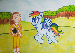 Size: 1280x901 | Tagged: safe, artist:dex stewart, imported from derpibooru, rainbow dash, human, pegasus, pony, kelsey winslow, power rangers, power rangers lightspeed rescue, traditional art, yellow ranger