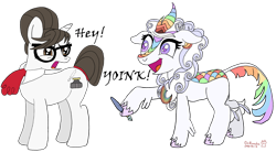 Size: 1280x705 | Tagged: safe, artist:romulus4444, imported from derpibooru, raven, oc, oc:cloudy canvas, kirin, unicorn, cutie mark, glasses, hair bun, magic, multicolored hair, necktie, rainbow hair, raven inkwell, ravenbetes, secretary, simple background, transparent background