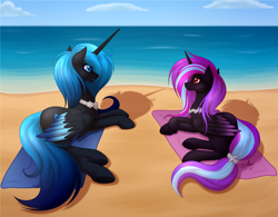 Size: 4293x3357 | Tagged: safe, artist:starshade, imported from derpibooru, oc, oc only, oc:ebony nightshade, oc:harmonic melodia, alicorn, pony, 2021, alicorn oc, barrette, blue eyes, blue hair, commission, cute, female, heart, heart eyes, horn, jewelry, lightly watermarked, lying down, mare, necklace, ocean, open mouth, prone, purple hair, red eyes, seashore, smiling, summer, watermark, wingding eyes, wings