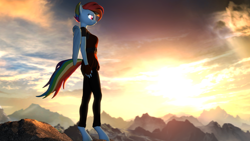 Size: 1920x1080 | Tagged: safe, artist:backmaker, imported from derpibooru, rainbow dash, anthro, pegasus, unguligrade anthro, 3d, alternate hairstyle, clothes, cloud, female, fingerless gloves, gloves, mountain, sky, solo, source filmmaker