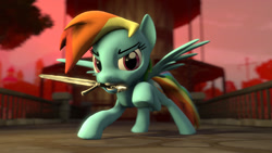 Size: 1280x720 | Tagged: safe, artist:rogerdaily, imported from derpibooru, rainbow dash, pegasus, pony, 3d, looking at you, mouth hold, raised hoof, solo, source filmmaker, sword, weapon