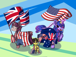 Size: 2988x2236 | Tagged: safe, artist:shadowblazearts, imported from derpibooru, oc, oc:king speedy hooves, oc:queen galaxia, oc:queen galaxia (bigonionbean), oc:tommy the human, alicorn, pony, adorable face, alicorn oc, alicorn princess, australia, blanket, child, colt, commissioner:bigonionbean, crown, cute, daaaaaaaaaaaw, dawwww, family, family photo, father and child, father and son, female, flag, flag waving, fusion, fusion:big macintosh, fusion:flash sentry, fusion:king speedy hooves, fusion:princess cadance, fusion:princess celestia, fusion:princess luna, fusion:queen galaxia, fusion:shining armor, fusion:trouble shoes, fusion:twilight sparkle, great britain, high res, horn, husband and wife, jewelry, male, mare, mother and child, mother and son, patriotic, patriotism, pride, regalia, stallion, star spangled banner, union jack, united kingdom, united states, wings, writer:bigonionbean