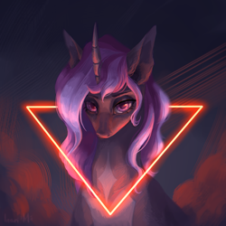 Size: 2400x2400 | Tagged: safe, artist:inari_mayer, artist:inarimayer, imported from derpibooru, oc, oc only, oc:nebula mist, pony, unicorn, fallout equestria, bust, cloud, commission, female, high res, horn, long hair, mare, multicolored hair, multicolored mane, painting, portrait, solo, triangle, unicorn oc