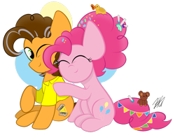 Size: 1217x975 | Tagged: safe, artist:sugarcloud12, imported from derpibooru, cheese sandwich, pinkie pie, pony, cheesepie, female, hug, male, older, older cheese sandwich, older pinkie pie, shipping, simple background, straight, transparent background