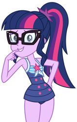 Size: 1024x1622 | Tagged: safe, artist:emeraldblast63, imported from derpibooru, sci-twi, twilight sparkle, human, equestria girls, equestria girls series, forgotten friendship, bare shoulders, clothes, female, glasses, legs together, looking at you, one-piece swimsuit, sci-twi swimsuit, simple background, sleeveless, solo, swimsuit, transparent background, vector