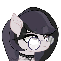 Size: 1000x1000 | Tagged: safe, artist:cosmiceuphoria, imported from derpibooru, oc, oc only, oc:cosmic euphoria, earth pony, pegasus, pony, bust, earth pony oc, eye clipping through hair, eyebrows, eyebrows visible through hair, frown, glasses, not amused face, pegasus oc, simple background, unamused, white background, wings