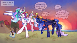 Size: 1280x720 | Tagged: safe, artist:zero-paint, imported from derpibooru, princess celestia, princess luna, alicorn, pony, ball, bandaid, dialogue, duo, female, grumpy, hat, horn, horn impalement, hornball, levitation, magic, mare, royal sisters, sibling love, siblings, sisterly love, sisters, sun hat, sun visor, sunset, telekinesis, tennis ball, tennis racket, vulgar