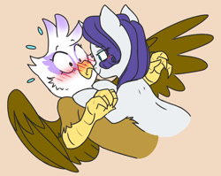 Size: 1280x1017 | Tagged: safe, artist:chub-wub, imported from derpibooru, gilda, rarity, griffon, pony, unicorn, bedroom eyes, blushing, boop, eyeshadow, female, flustered, hug, kissing, lesbian, looking at each other, makeup, mare, noseboop, rarida, shipping