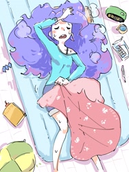 Size: 2400x3200 | Tagged: safe, artist:nendo, imported from derpibooru, rarity, equestria girls, alarm clock, alternate hairstyle, bed, blanket, bra, bra strap, clock, clothes, eyes closed, female, frizzy hair, hot, lying down, mug, off shoulder, open mouth, overhead view, shorts, solo, sweat, thermometer, underwear