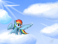 Size: 2000x1500 | Tagged: safe, alternate version, artist:giftry365, imported from derpibooru, rainbow dash, pegasus, pony, cloud, female, mare, on a cloud, sky background, solo, standing on a cloud