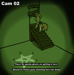 Size: 1483x1509 | Tagged: safe, artist:neuro, oc, oc only, earth pony, pony, armor, basement, boarded door, camera shot, candle, earth pony oc, eyes closed, female, guardsmare, helmet, hoof shoes, mare, night vision, open mouth, pentagram, proton pack, royal guard, solo, stairs, subtitles