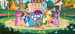 Size: 1666x768 | Tagged: safe, imported from derpibooru, applejack, fluttershy, pinkie pie, rainbow dash, rarity, twilight sparkle, alicorn, earth pony, pegasus, pony, unicorn, bipedal, bow, clothes, dress, gameloft, hair bow, hat, loading screen, mane six, my little pony logo, new crown, official, twilight sparkle (alicorn), video game