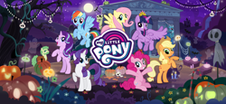 Size: 1666x768 | Tagged: safe, imported from derpibooru, applejack, fluttershy, pinkie pie, rainbow dash, rarity, twilight sparkle, alicorn, earth pony, pegasus, pony, unicorn, bipedal, clothes, costume, frankenstein's monster, gameloft, halloween, holiday, jack-o-lantern, knight, loading screen, mane six, my little pony logo, new crown, nightmare night, nightmare night costume, official, pumpkin, rearing, skull, twilight sparkle (alicorn), video game