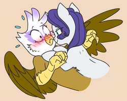 Size: 4096x3255 | Tagged: safe, artist:chub-wub, imported from derpibooru, gilda, rarity, griffon, pony, unicorn, bedroom eyes, blushing, boop, crack shipping, eyeshadow, female, flustered, hug, kissing, lesbian, looking at each other, makeup, mare, noseboop, rarida, shipping