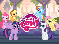 Size: 1278x958 | Tagged: safe, imported from derpibooru, applejack, fluttershy, pinkie pie, rainbow dash, rarity, twilight sparkle, alicorn, earth pony, pegasus, pony, unicorn, applejack's hat, cowboy hat, crown, female, gameloft, hat, jewelry, loading screen, mane six, my little pony logo, new crown, official, regalia, twilight sparkle (alicorn), video game